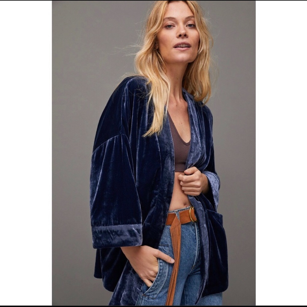 Anthropologie Esme Blue Velvet Kimono Jacket MED